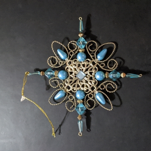 Silver Tone Aqua Blue Bead and Wire Star Ornament Decoration - Picture 1 of 8